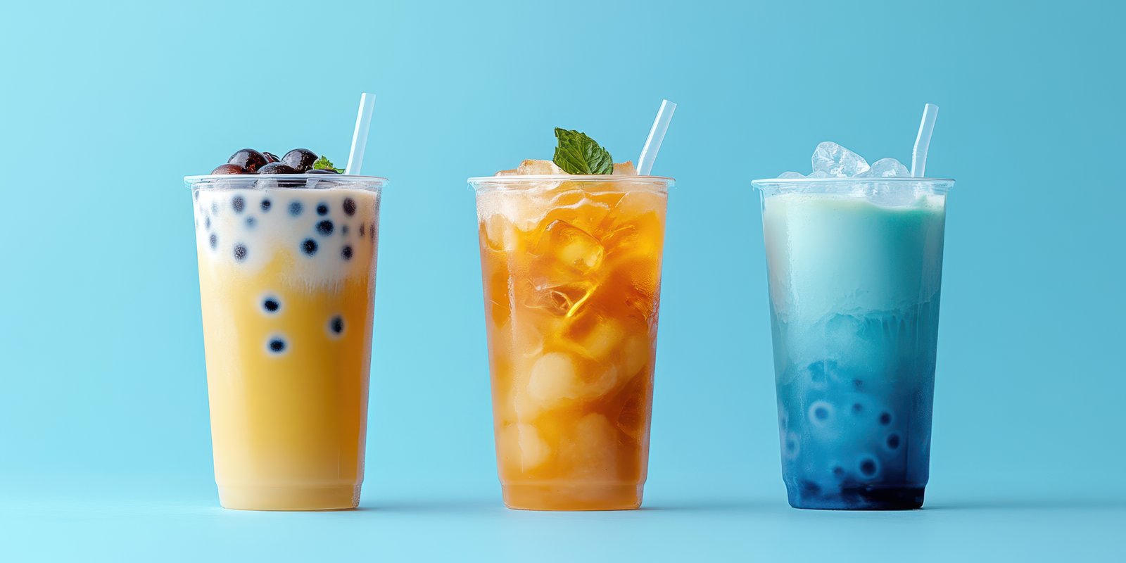 Refreshing drinks featuring vibrant colors served in clear cups against a blue background